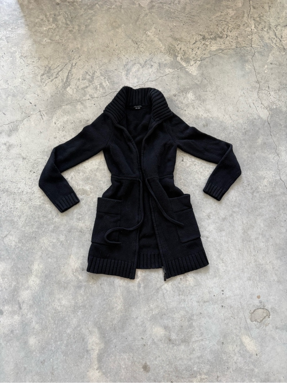 Theory Black Long Knit Belted Cardigan Coat